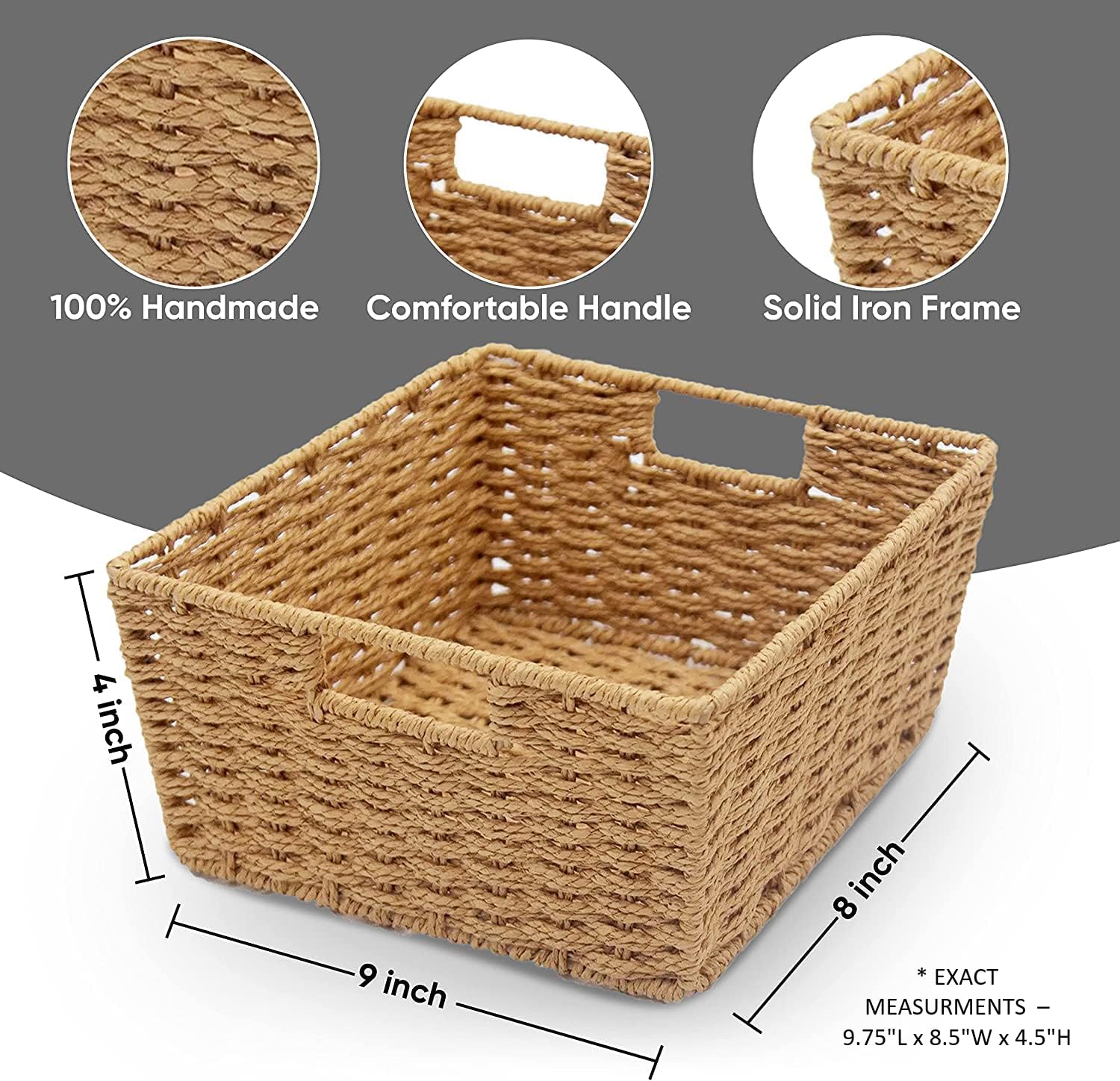 Kovot Woven Wicker Storage Baskets with Built-in Carry Handles - 9.75" L x 8.5" W x 4.5" H (2-Pack)