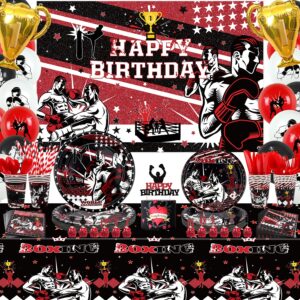 kefan boxing party decorations, boxing birthday party supplies packs, fight sports wrestling party supplies including happy birthday banner, plates, balloons, boxing party set serves 20 (banner)