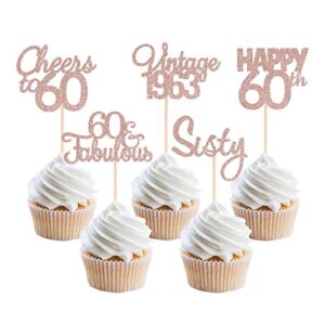 gexolenu 30 pcs happy 60th birthday rose gold double-sided cupcake toppers cheers to 60 fabulous cupcake picks fifty vintage 1963 cake decorations for 60th birthday anniversary party supplies