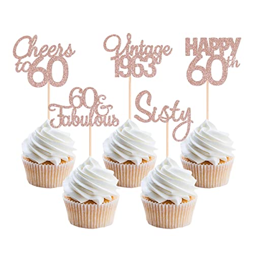 Gexolenu 30 pcs Happy 60th Birthday Rose Gold Double-Sided Cupcake Toppers Cheers to 60 Fabulous Cupcake Picks Fifty Vintage 1963 Cake Decorations for 60th Birthday Anniversary Party Supplies