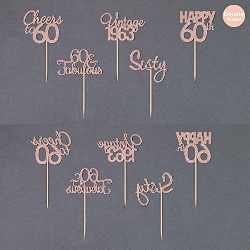 Gexolenu 30 pcs Happy 60th Birthday Rose Gold Double-Sided Cupcake Toppers Cheers to 60 Fabulous Cupcake Picks Fifty Vintage 1963 Cake Decorations for 60th Birthday Anniversary Party Supplies