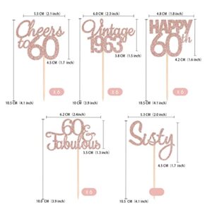 Gexolenu 30 pcs Happy 60th Birthday Rose Gold Double-Sided Cupcake Toppers Cheers to 60 Fabulous Cupcake Picks Fifty Vintage 1963 Cake Decorations for 60th Birthday Anniversary Party Supplies