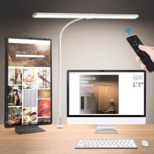 fovow led desk lamp with clamp, eye-caring architect desk lamps for home office, 24w ultra bright led 3 modes 6 brightness, studio work lamp for task,remote control dimmable table light(white)