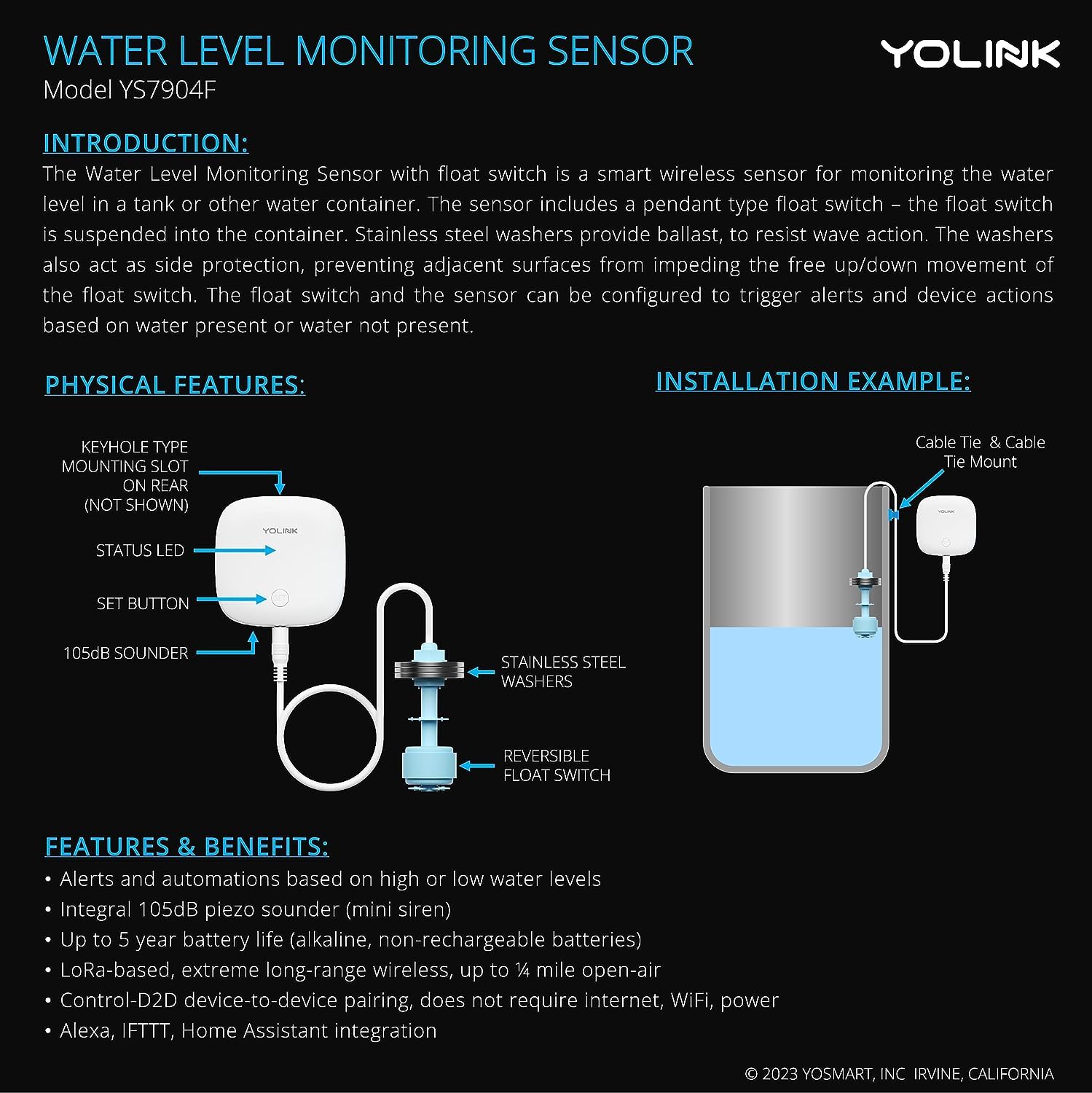 YoLink LoRa Smart Water Level Monitoring Sensor, Wireless Battery-Powered Float Switch Alarm, Sump Pump Alarm, AC Condensate Overflow, Tank Level, Toilet Leak Sensor, 105dB Siren, YoLink Hub Required