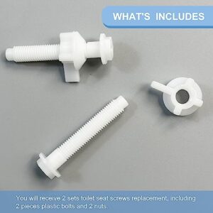 2PCS Universal Toilet Seat Screws, White Plastic Toilet Seat Hinge Bolt Screws with Nuts Replacement, Diameter 3/8 Inch Toilet Seat Bolt Hardware Kit for Top Mount Toilet Seat Hinges