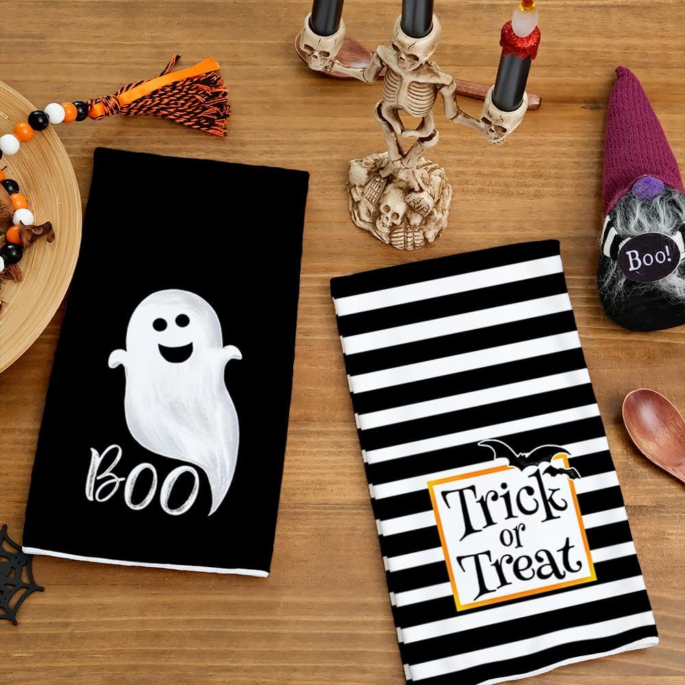 GEEORY Halloween Kitchen Dish Towels Set of 2,Trick or Treat White Ghost Stripes 18x26 Inch Drying Dishcloth,Farmhouse Home Decoration GD123