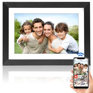 frameo 10.1 inch digital picture frame wifi ips touch screen wood photo frame display, hd 1280x800 with 16gb storage auto-rotate easy setup-gift for friends family share moments instantly