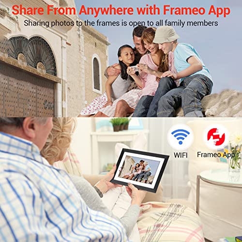 FRAMEO 10.1 Inch Digital Picture Frame WiFi IPS Touch Screen Wood Photo Frame Display, HD 1280x800 with 16GB Storage Auto-Rotate Easy Setup-Gift for Friends Family Share Moments Instantly