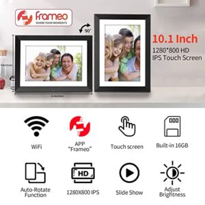 FRAMEO 10.1 Inch Digital Picture Frame WiFi IPS Touch Screen Wood Photo Frame Display, HD 1280x800 with 16GB Storage Auto-Rotate Easy Setup-Gift for Friends Family Share Moments Instantly