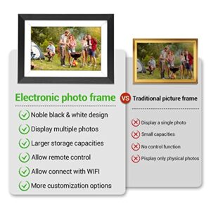 FRAMEO 10.1 Inch Digital Picture Frame WiFi IPS Touch Screen Wood Photo Frame Display, HD 1280x800 with 16GB Storage Auto-Rotate Easy Setup-Gift for Friends Family Share Moments Instantly