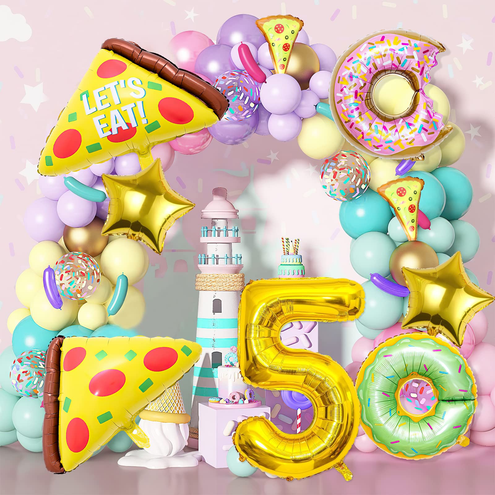 7pcs Pizza Balloons, Pizza Birthday Number Mylar Foil Balloon Pizza Slice Party Supplies Pizzaria Birthday Decorations (5th)