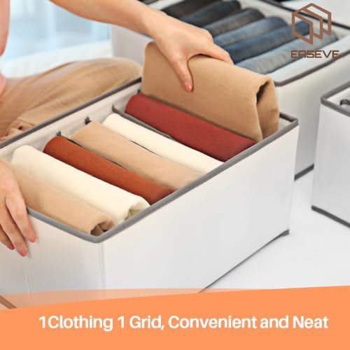 EASEVE 4 Pack Wardrobe Closet Organizer and Storage for Clothes - 7 Grids Foldable Drawer Dividers Organizers for Jeans | Pants | Shirts | Leggings, Stackable Clothing Bins for Closets Organization