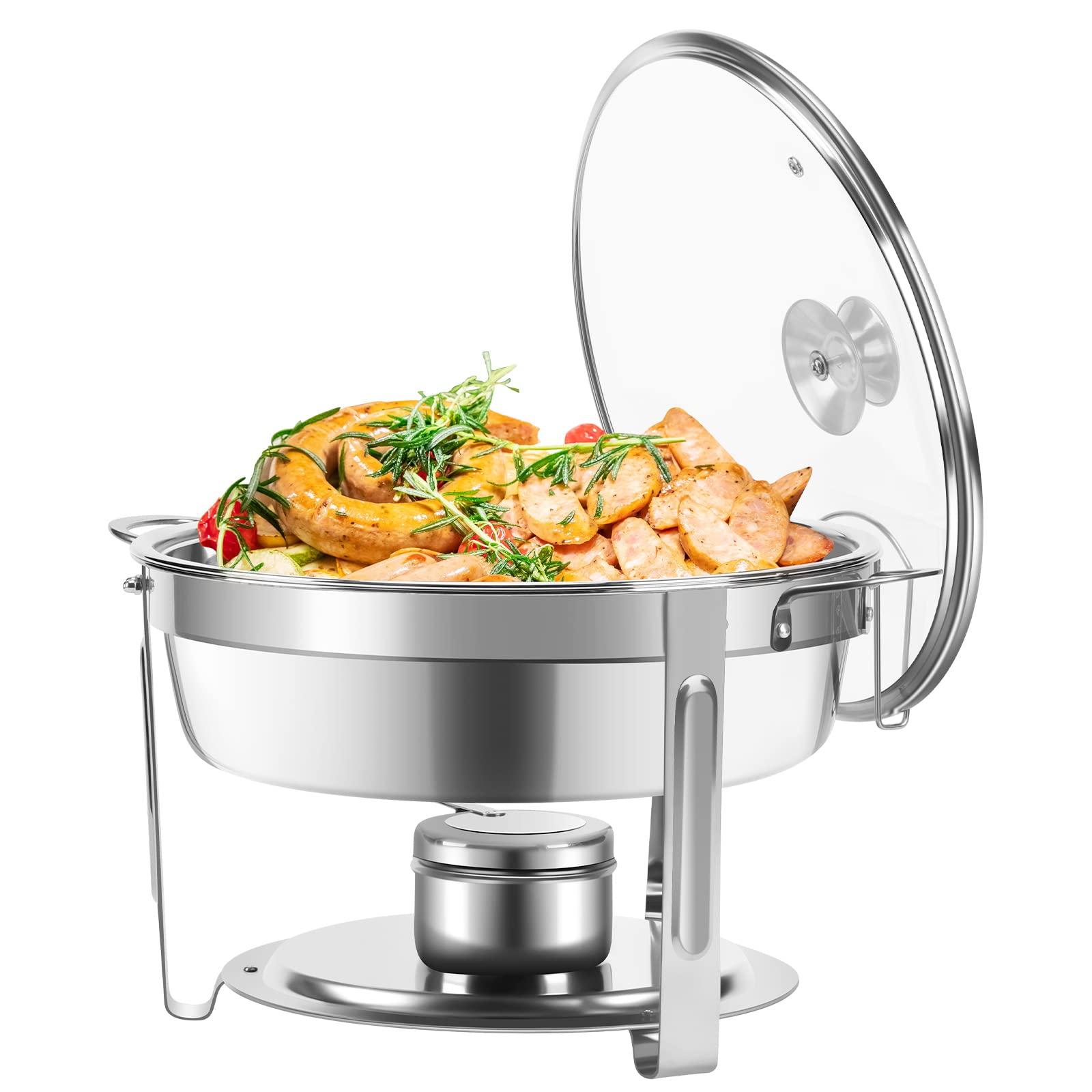 Amhier 5 Qt Chafing Dish Buffet Set with Visible Glass Lid and Holder, Stainless Steel Round Chafers and Buffet Warmers Sets with Food and Water Trays for Catering, Parties and Weddings, Silver, 1Pack