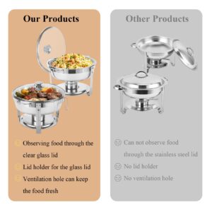 Amhier 5 Qt Chafing Dish Buffet Set with Visible Glass Lid and Holder, Stainless Steel Round Chafers and Buffet Warmers Sets with Food and Water Trays for Catering, Parties and Weddings, Silver, 1Pack