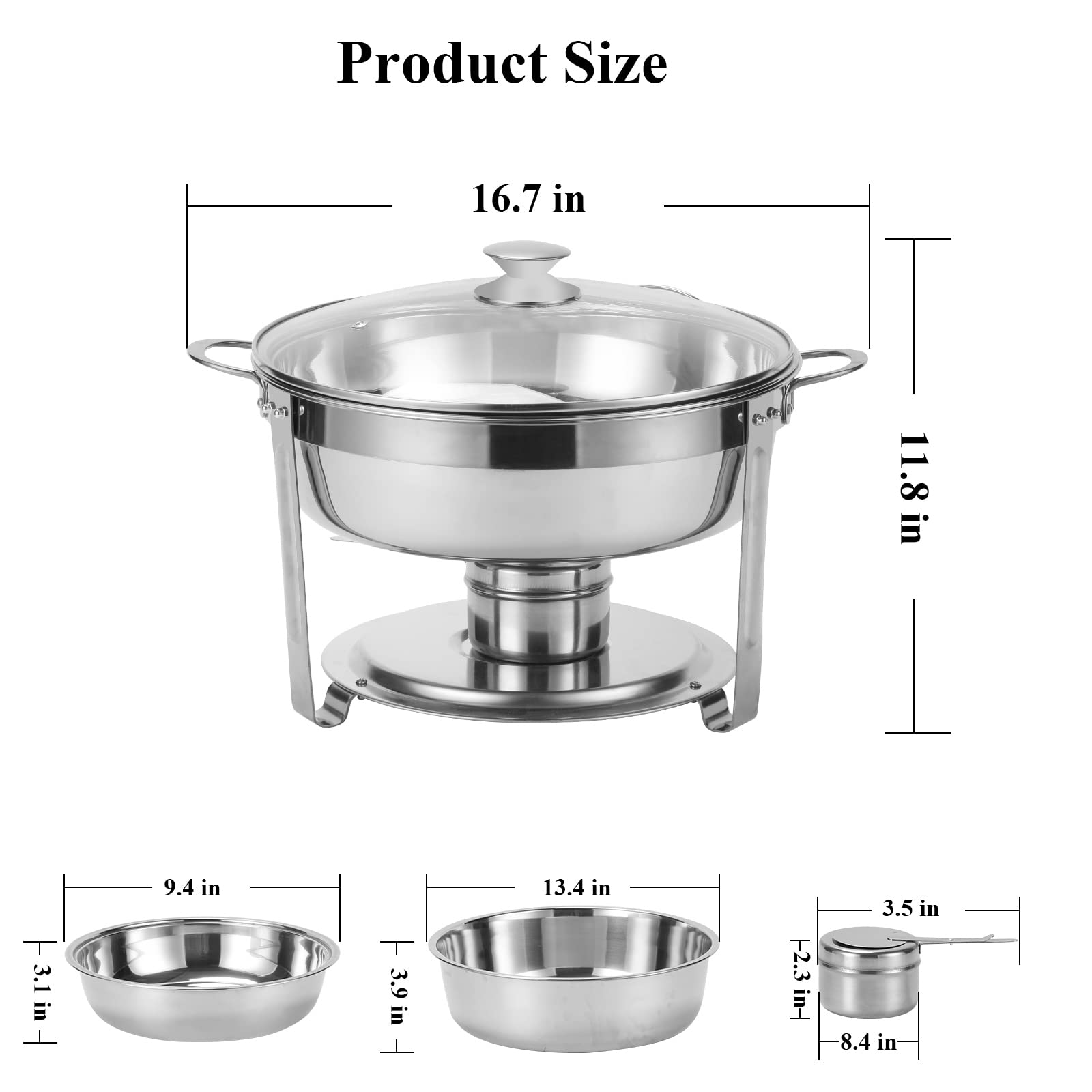 Amhier 5 Qt Chafing Dish Buffet Set with Visible Glass Lid and Holder, Stainless Steel Round Chafers and Buffet Warmers Sets with Food and Water Trays for Catering, Parties and Weddings, Silver, 1Pack