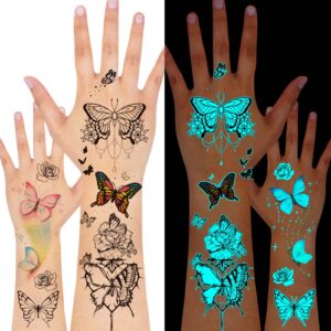 glow in the dark butterfly tattoos for kids girls, konsait 12 sheets safe and easy to use neon butterfly temporary tattoos, temporary butterfly glow tattoos glow party makeup supplies party favors