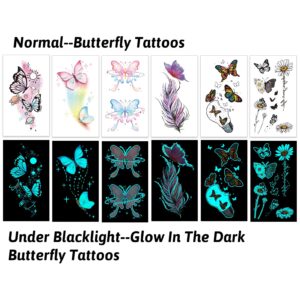 Glow In The Dark Butterfly Tattoos for Kids Girls, Konsait 12 Sheets Safe and Easy to Use Neon Butterfly Temporary Tattoos, Temporary Butterfly Glow Tattoos Glow Party Makeup Supplies Party Favors