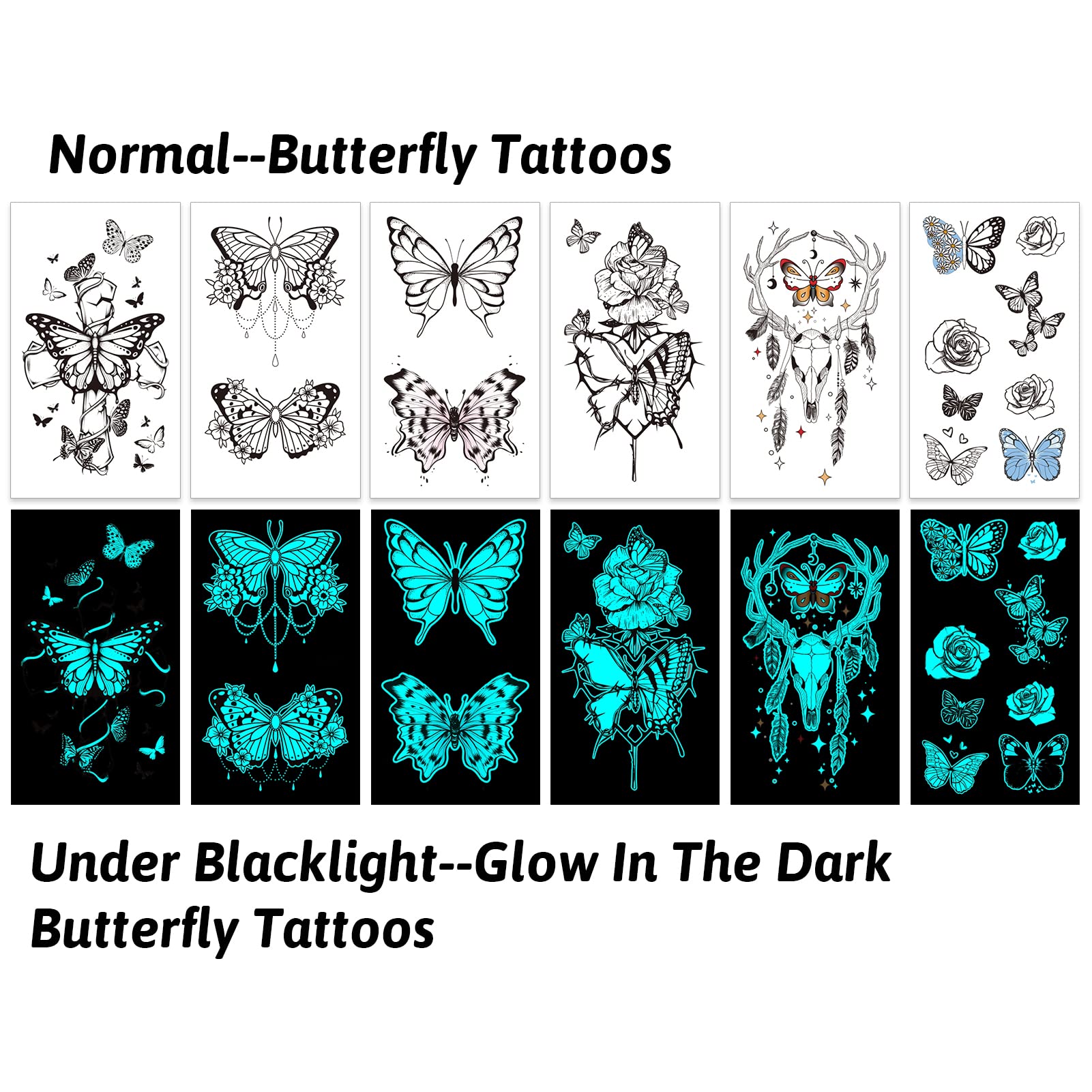 Glow In The Dark Butterfly Tattoos for Kids Girls, Konsait 12 Sheets Safe and Easy to Use Neon Butterfly Temporary Tattoos, Temporary Butterfly Glow Tattoos Glow Party Makeup Supplies Party Favors