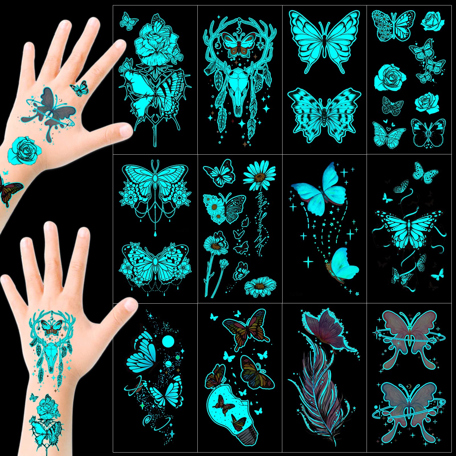 Glow In The Dark Butterfly Tattoos for Kids Girls, Konsait 12 Sheets Safe and Easy to Use Neon Butterfly Temporary Tattoos, Temporary Butterfly Glow Tattoos Glow Party Makeup Supplies Party Favors