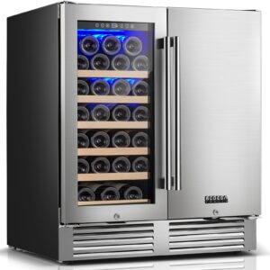 BODEGACOOLER 30 Inch Wine and Beverage Refrigerator,Dual Zone Wine Beverage Cooler with French Door,Under Counter Freestanding Wine Beer Fridge,Hold 31 Bottles and 100 Cans with Safety Locks