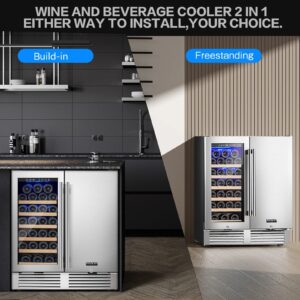 BODEGACOOLER 30 Inch Wine and Beverage Refrigerator,Dual Zone Wine Beverage Cooler with French Door,Under Counter Freestanding Wine Beer Fridge,Hold 31 Bottles and 100 Cans with Safety Locks