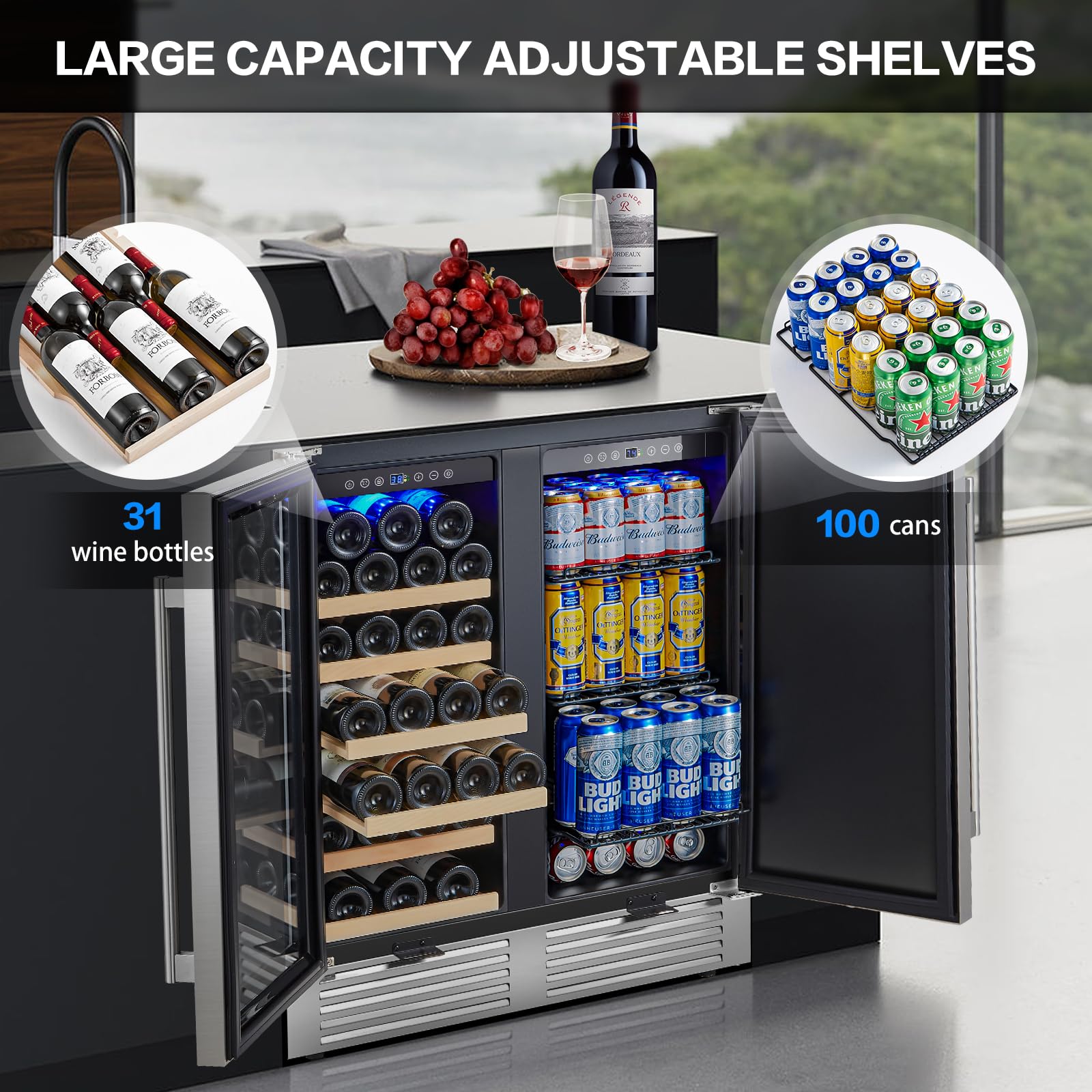 BODEGACOOLER 30 Inch Wine and Beverage Refrigerator,Dual Zone Wine Beverage Cooler with French Door,Under Counter Freestanding Wine Beer Fridge,Hold 31 Bottles and 100 Cans with Safety Locks