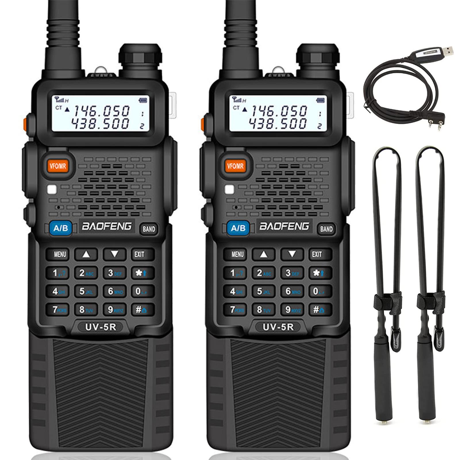 Baofeng 2 Pack UV-5R Plus 8W Ham Radio Dual Band VHF/UHF Amateur Two Way Radio Handheld Long Range Walkie Talkies for Adults with Tactical High Gain Antenna, Programming Cable, Earpiece