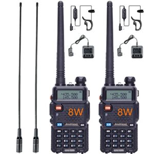 2 pack baofeng uv-5r 8w ham radio handheld two way radios amateur dual band vhf uhf military long range walkie talkies for adults with high gain antenna, rechargeable battery, earpiece