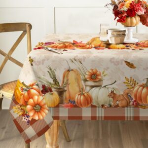 hexagram rectangle thanksgiving tablecloth with countryside leaves and pumpkins thankgiving decorations, printed fall tablecloth for harvest, thanksgiving holiday and parties table cover, 60x84 inch