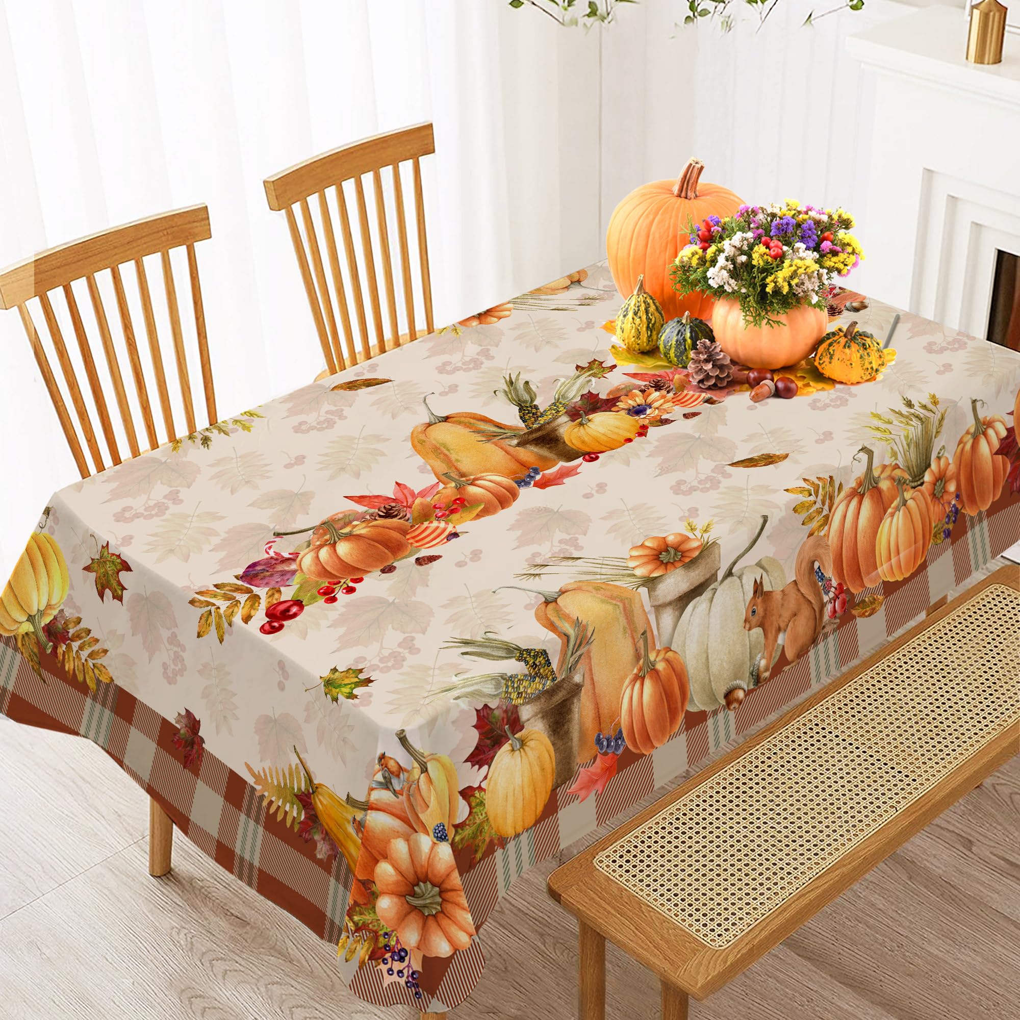 Hexagram Rectangle Thanksgiving Tablecloth with Countryside Leaves and Pumpkins Thankgiving Decorations, Printed Fall Tablecloth for Harvest, Thanksgiving Holiday and Parties Table Cover, 60x84 Inch