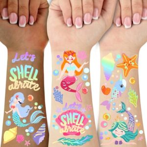 mermaid temporary tattoo for kids under the sea-76 glitter style cute fake tattoo dolphin ocean animals waterproof for girls boys body face tattoos stickers beach art birthday party favors decorations