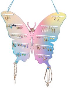 nihome iridescent acrylic butterfly wall mount jewelry organizer, aesthetic earring and necklace holder for home and store use, easy no-tool installation & elegant design for enhanced jewelry display