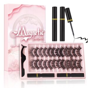 Magnetic Eyelashes Kit - Magnetic Lashes Natural Look From Natural to Gorgeous Styles, Reusable 3D Mink False Eyelashes with Magnetic Eyeliner and Tweezers Easy to Apply, No Glue Needed (12 Pairs)