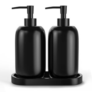 foverone 2 pack soap dispenser set with tray & waterproof labels, 14.5oz resin hand soap dish soap body lotion refillable dispensers for kitchen sink bathroom vanity - black