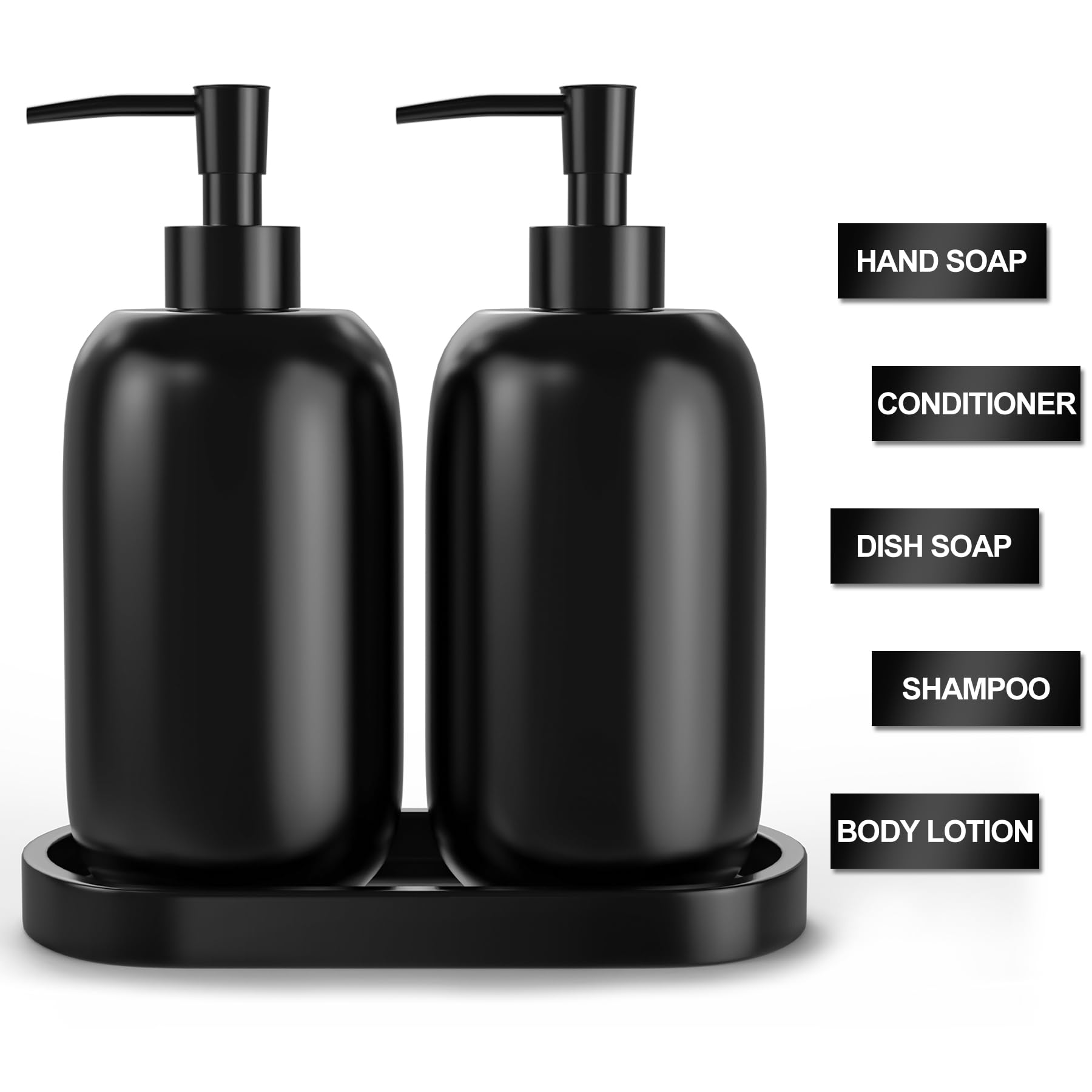 FoverOne 2 Pack Soap Dispenser Set with Tray & Waterproof Labels, 14.5Oz Resin Hand Soap Dish Soap Body Lotion Refillable Dispensers for Kitchen Sink Bathroom Vanity - Black