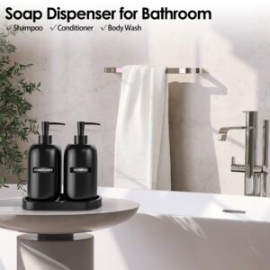 FoverOne 2 Pack Soap Dispenser Set with Tray & Waterproof Labels, 14.5Oz Resin Hand Soap Dish Soap Body Lotion Refillable Dispensers for Kitchen Sink Bathroom Vanity - Black