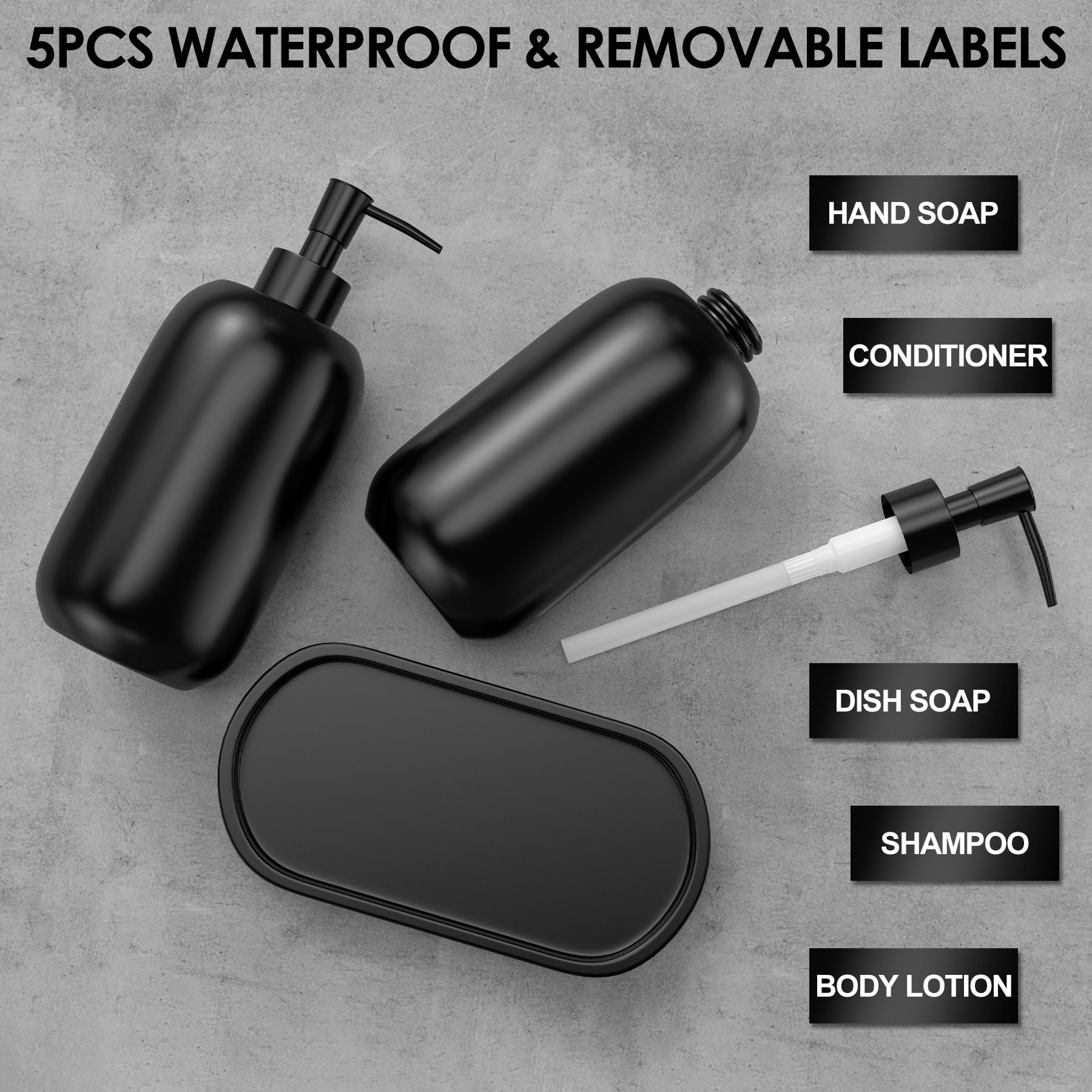 FoverOne 2 Pack Soap Dispenser Set with Tray & Waterproof Labels, 14.5Oz Resin Hand Soap Dish Soap Body Lotion Refillable Dispensers for Kitchen Sink Bathroom Vanity - Black