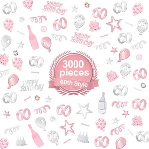 3000 PCS Rose Gold Silver 60th Happy Birthday Confetti Decorations with Diamonds Rose Gold 60th Birthday Party Table Decor Metallic Foil Confetti Scatter for Men Women Birthday Anniversary Party DIY