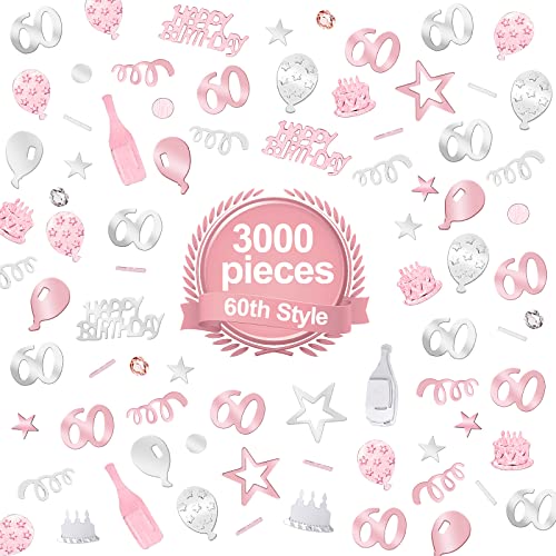 3000 PCS Rose Gold Silver 60th Happy Birthday Confetti Decorations with Diamonds Rose Gold 60th Birthday Party Table Decor Metallic Foil Confetti Scatter for Men Women Birthday Anniversary Party DIY