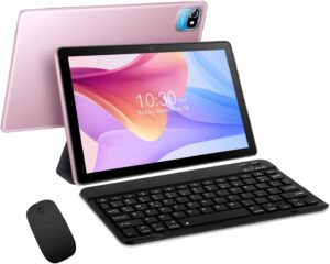 ouzrs android 11 tablet with keyboard mouse,2 in 1 tablets high performance processors with 64gb storage 256gb extended, wifi, gps, bluetooth girls pink 10" tablet-m1