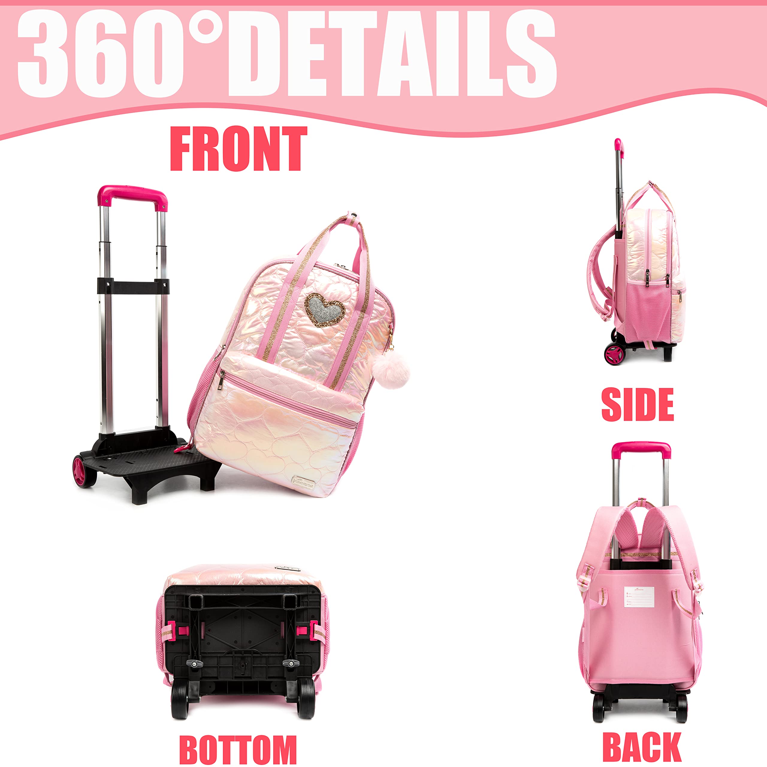 ZBAOGTW Rolling Backpack for Girls School Backpack with Wheels Kids Roller Backpack with Lunch Bag for Elementary School