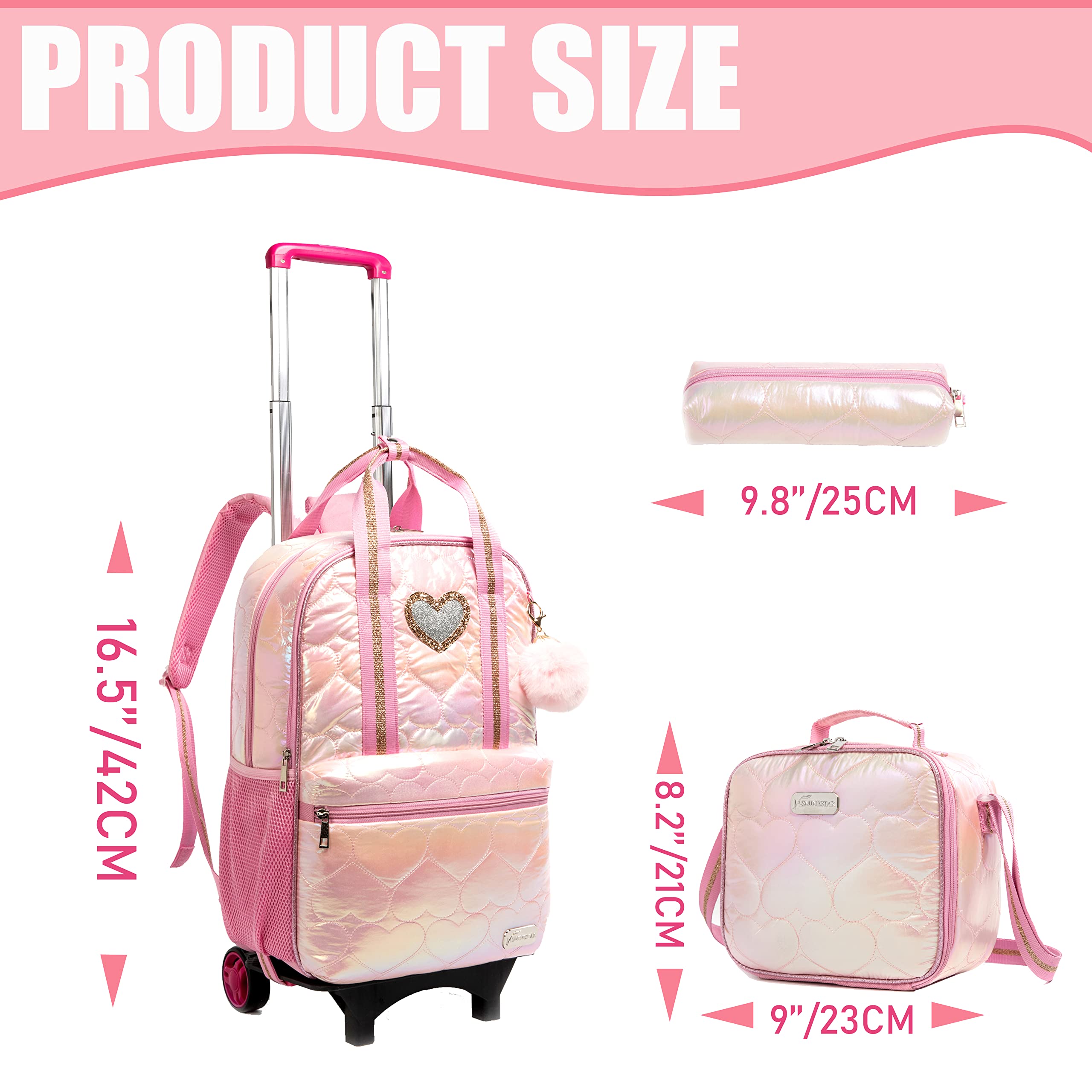 ZBAOGTW Rolling Backpack for Girls School Backpack with Wheels Kids Roller Backpack with Lunch Bag for Elementary School