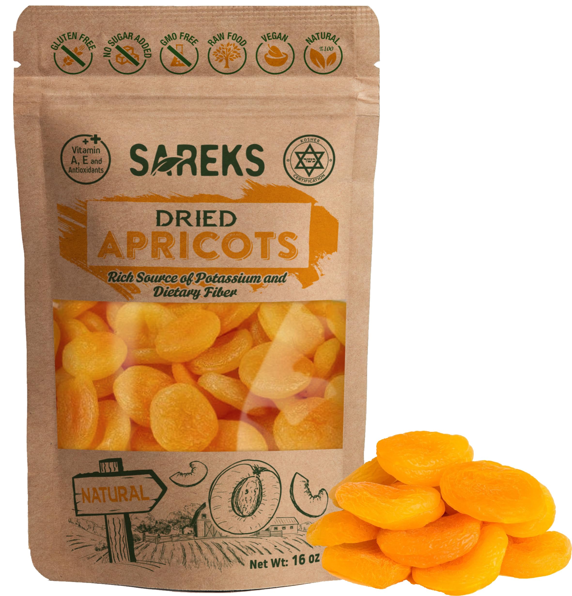 Sareks Premium Dried Apricot 16 oz in Resealable Bag - Unsweetened, Turkish Dry Apricots, Nutrient-Rich Snack with No Added Sugar - Gluten Free- Non-GMO, All Natural