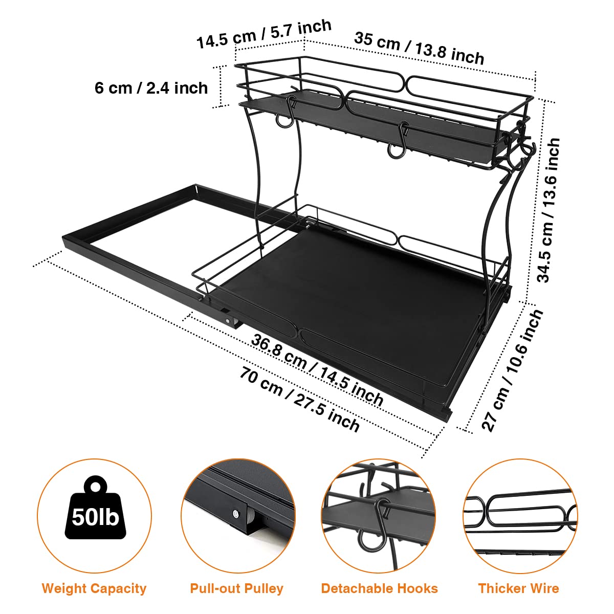 Pull Out Cabinet Organizer 2 Tier Under Sink Slide Out Kitchen Cabinet Storage Shelf Metal Sliding Storage Basket Drawer for Kitchen Bathroom Pantry Cabinet, Request at Least 11 inch Cabinet Opening