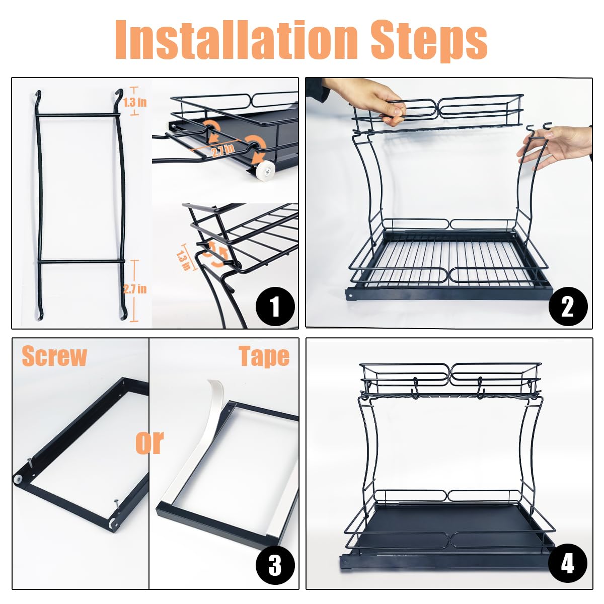 Pull Out Cabinet Organizer 2 Tier Under Sink Slide Out Kitchen Cabinet Storage Shelf Metal Sliding Storage Basket Drawer for Kitchen Bathroom Pantry Cabinet, Request at Least 11 inch Cabinet Opening