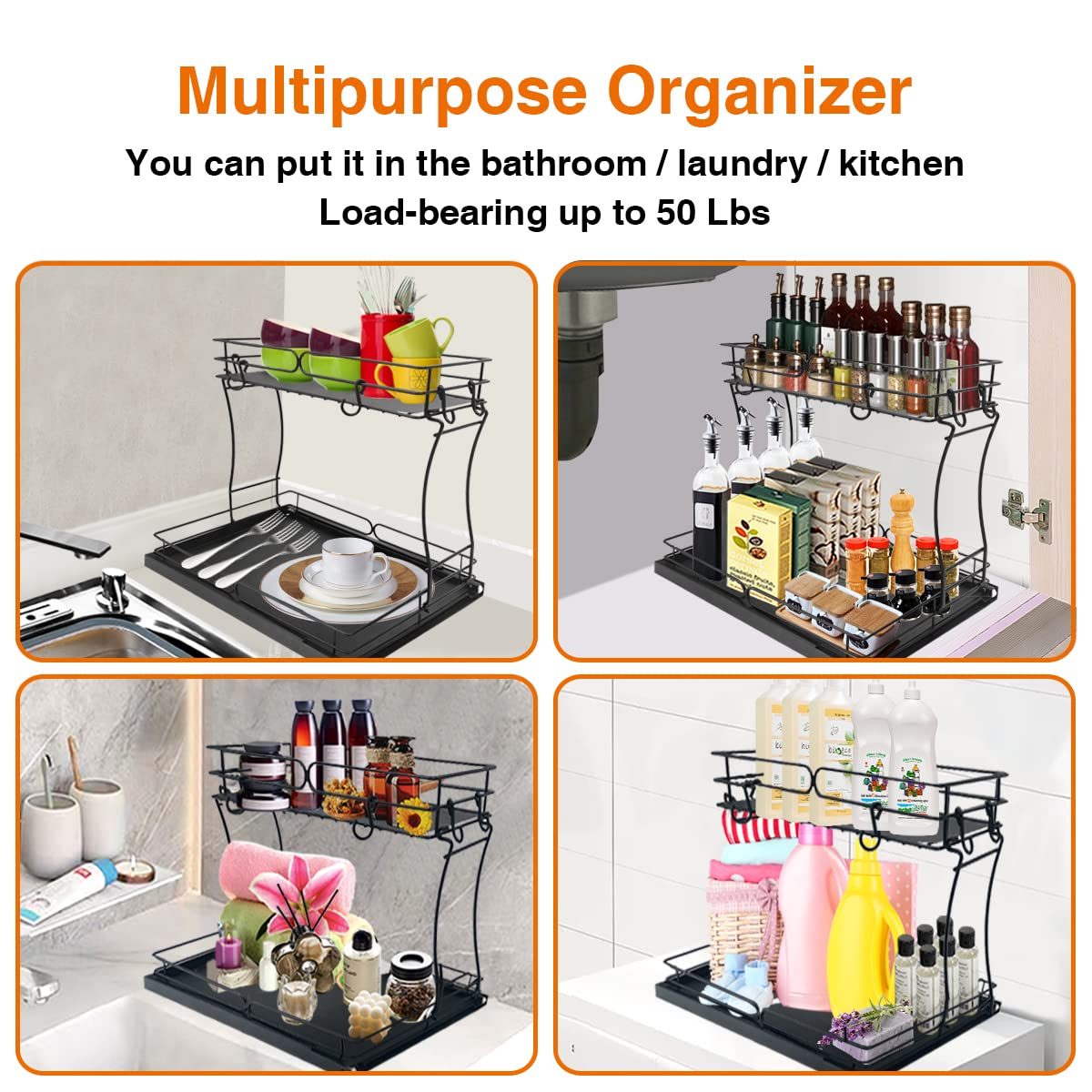 Pull Out Cabinet Organizer 2 Tier Under Sink Slide Out Kitchen Cabinet Storage Shelf Metal Sliding Storage Basket Drawer for Kitchen Bathroom Pantry Cabinet, Request at Least 11 inch Cabinet Opening