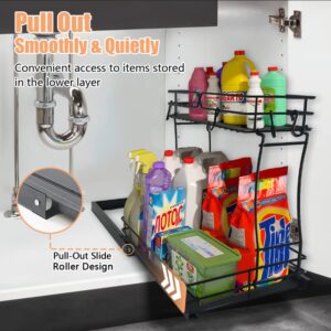 Pull Out Cabinet Organizer 2 Tier Under Sink Slide Out Kitchen Cabinet Storage Shelf Metal Sliding Storage Basket Drawer for Kitchen Bathroom Pantry Cabinet, Request at Least 11 inch Cabinet Opening