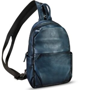 genuine leather sling bag retro crossbody sling backpack handmade chest vintage shoulder daypack purse fanny pack (navyblue)
