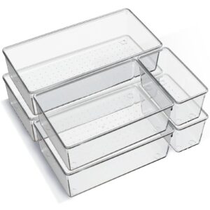 25pcs extra sturdy clear plastic drawer organizer trays with 100pcs non-slip pads, 4 sizes desk drawer divider organizers and storage bins for makeup, bathroom, office, kitchen, bedroom, jewelry