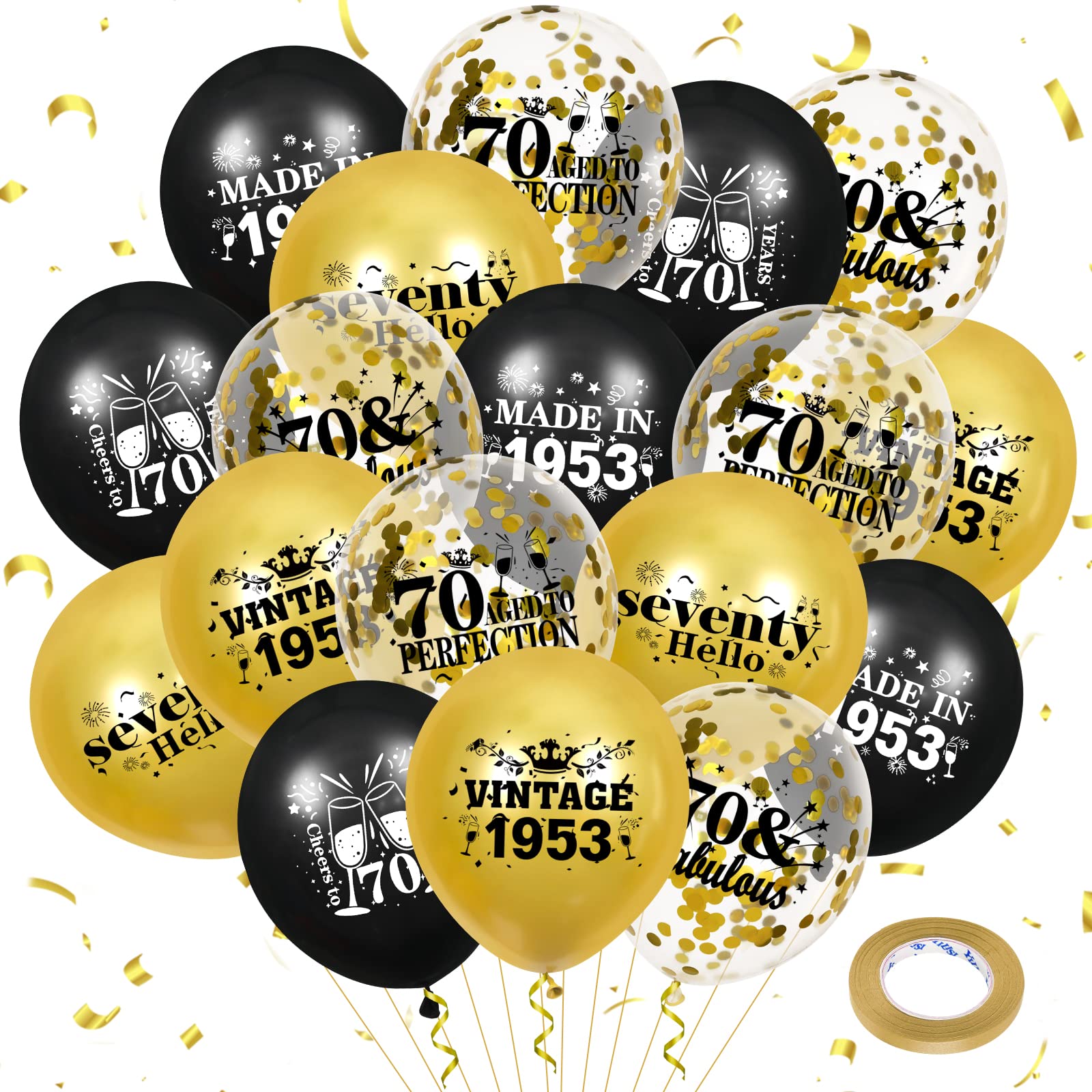 Vintage 70th Birthday Balloons 18Pcs Black Gold 1953 Balloons Party Decorations for Men Women 70th Anniversary Birthday Party Black Gold Confetti Latex Balloons Happy Birthday Decor Supplies 12 inch